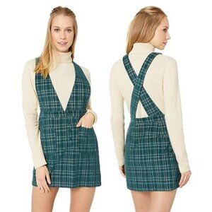 Jack by BB Dakota Junior's Green Plaid Corduroy Pinafore Skirt Overalls Size 2